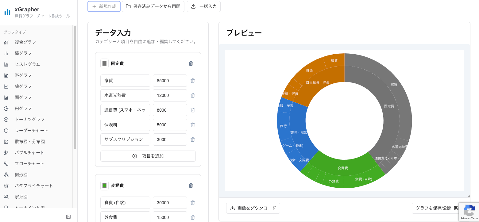 xGrapherのサンバーストチャート作成画面 xGrapherのサンバーストチャート作成画面